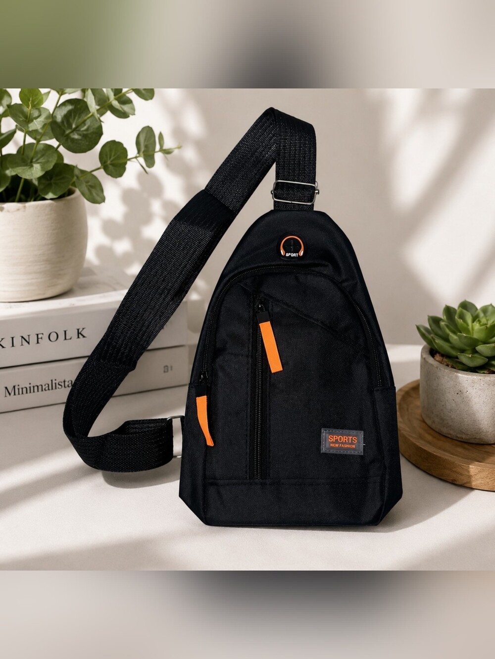 New black sports sling bag. Crossbody Chest Bag w/ Zipper. Single Shoulder